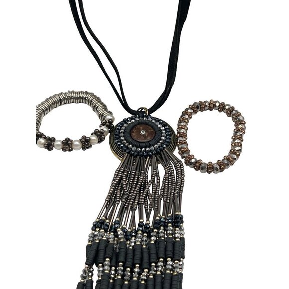 Boho Chic Beaded Necklace & Bracelet Set Statement Jewelry Black & Silver - Picture 2 of 7